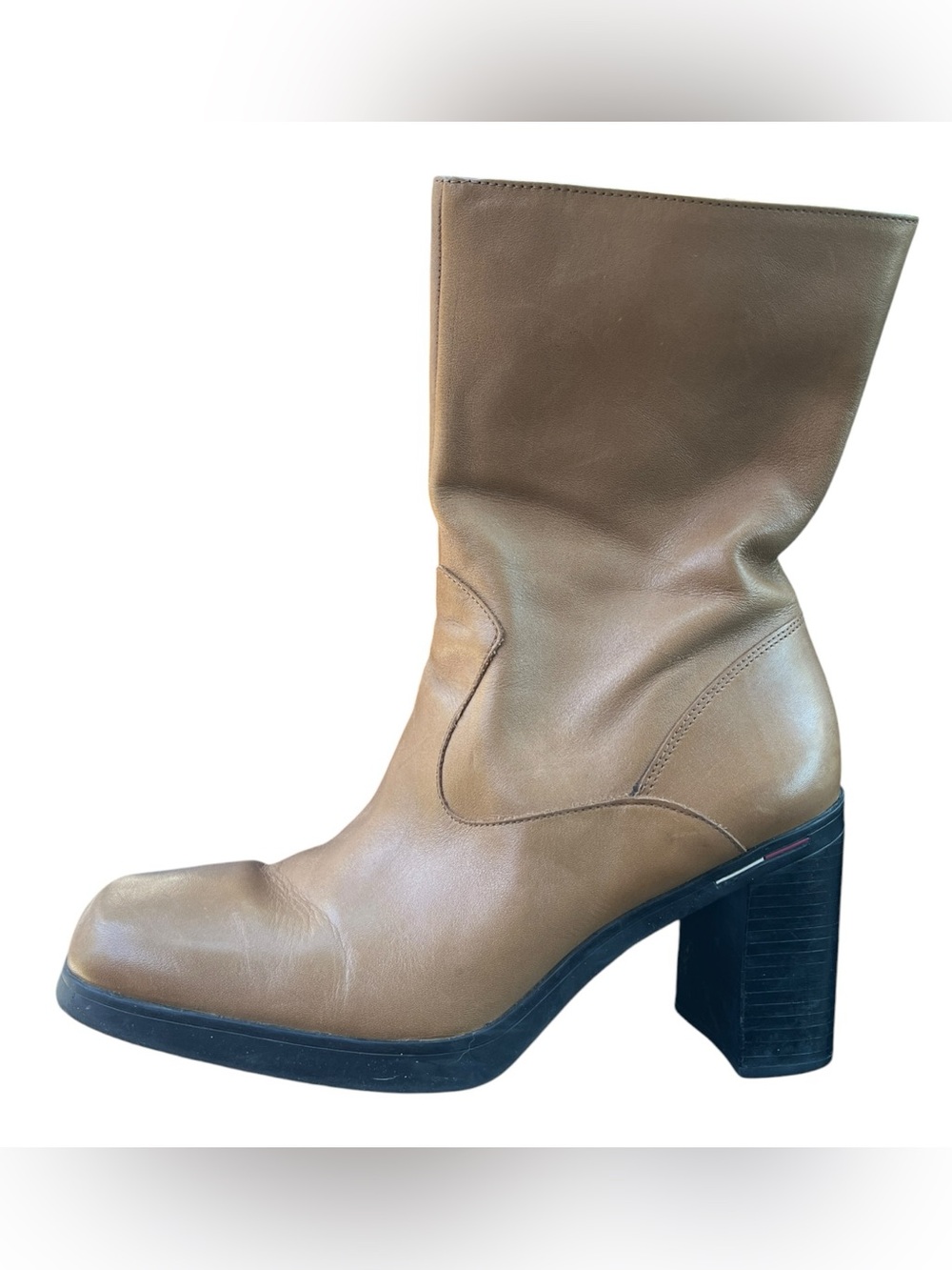 Vintage Y2K Tommy Hilfiger Brown Leather Chunky Heel Square Toe Boots Size 9 - Picture 5 of 10
